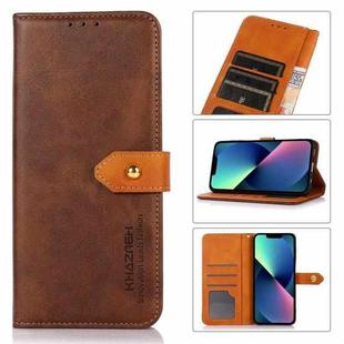 For iPhone 14 KHAZNEH Dual-color Cowhide Texture Flip Leather Phone Case (Brown)