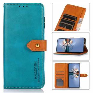 KHAZNEH Dual-color Cowhide Texture Flip Leather Phone Case For iPhone 16 Plus(Blue)