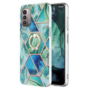 For Nokia G21 / G11 Splicing Marble Pattern Dual-side IMD TPU Ring Holder Case(Green)