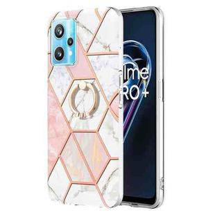 For OPPO Realme 9 Pro+ 5G Splicing Marble Pattern Dual-side IMD TPU Ring Holder Case(Pink White)