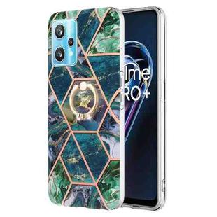 For OPPO Realme 9 Pro+ 5G Splicing Marble Pattern Dual-side IMD TPU Ring Holder Case(Blue Green)