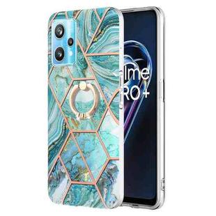 For OPPO Realme 9 Pro+ 5G Splicing Marble Pattern Dual-side IMD TPU Ring Holder Case(Blue)