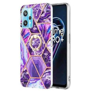 For OPPO Realme 9 Pro+ 5G Splicing Marble Pattern Dual-side IMD TPU Ring Holder Case(Dark Purple)