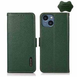 For iPhone 14 Plus KHAZNEH Side-Magnetic Litchi Genuine Leather RFID Phone Case  (Green)