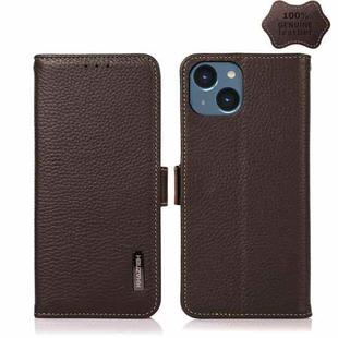 For iPhone 14 Plus KHAZNEH Side-Magnetic Litchi Genuine Leather RFID Phone Case  (Brown)