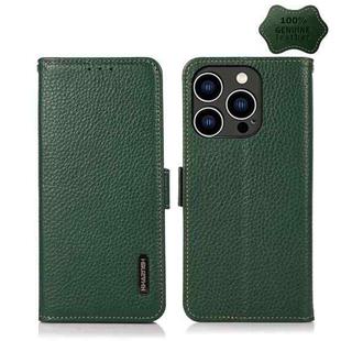 For iPhone 14 Pro KHAZNEH Side-Magnetic Litchi Genuine Leather RFID Phone Case (Green)