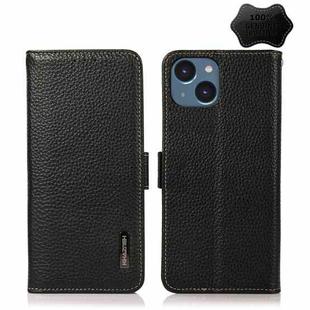 For iPhone 14 KHAZNEH Side-Magnetic Litchi Genuine Leather RFID Phone Case (Black)