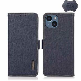 For iPhone 14 KHAZNEH Side-Magnetic Litchi Genuine Leather RFID Phone Case (Blue)