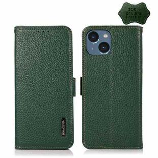 For iPhone 14 KHAZNEH Side-Magnetic Litchi Genuine Leather RFID Phone Case (Green)