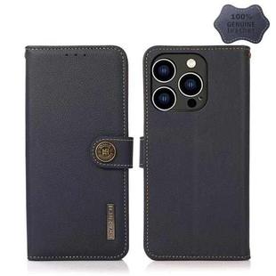 For iPhone 14 Pro KHAZNEH Custer Genuine Leather RFID Phone Case (Blue)