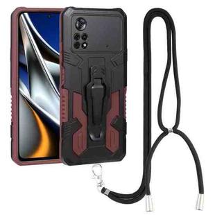 For Xiaomi Poco X4 Pro 5G Lanyard Mecha Armor Kickstand PC + TPU Phone Case(Brown)