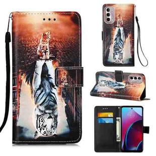 For Motorola Moto G Stylus 5G 2022 Colored Drawing Plain Weave Leather Phone Case(Cat And Tiger)