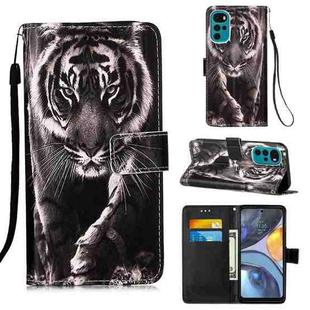For Motorola Moto G22 Colored Drawing Plain Weave Leather Phone Case(Black White Tiger)