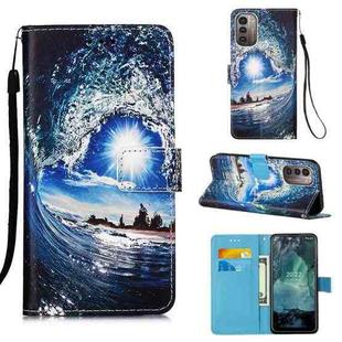 For Nokia G21 / G11 Colored Drawing Plain Weave Leather Phone Case(Waves And Sun)