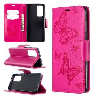 For Huawei P40 Two Butterflies Embossing Pattern Horizontal Flip Leather Case with Holder & Card Slot & Wallet & Lanyard(Rose Red)