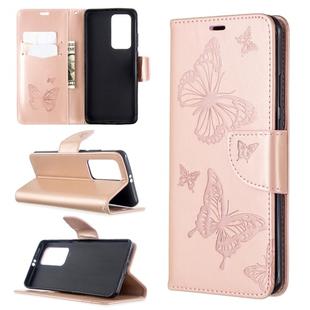 For Huawei P40 Pro Two Butterflies Embossing Pattern Horizontal Flip Leather Case with Holder & Card Slot & Wallet & Lanyard(Rose Gold)