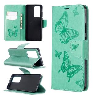 For Huawei P40 Pro Two Butterflies Embossing Pattern Horizontal Flip Leather Case with Holder & Card Slot & Wallet & Lanyard(Green)