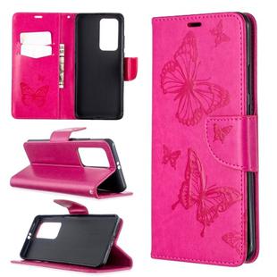 For Huawei P40 Pro Two Butterflies Embossing Pattern Horizontal Flip Leather Case with Holder & Card Slot & Wallet & Lanyard(Rose Red)