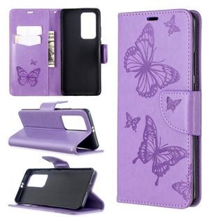 For Huawei P40 Pro Two Butterflies Embossing Pattern Horizontal Flip Leather Case with Holder & Card Slot & Wallet & Lanyard(Purple)