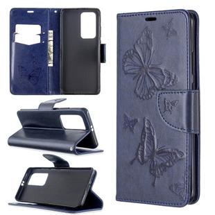 For Huawei P40 Pro Two Butterflies Embossing Pattern Horizontal Flip Leather Case with Holder & Card Slot & Wallet & Lanyard(Dark Blue)