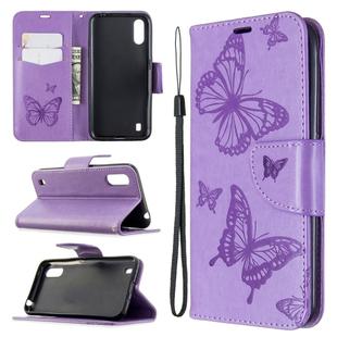 For Galaxy A01 Two Butterflies Embossing Pattern Horizontal Flip Leather Case with Holder & Card Slot & Wallet & Lanyard(Purple)