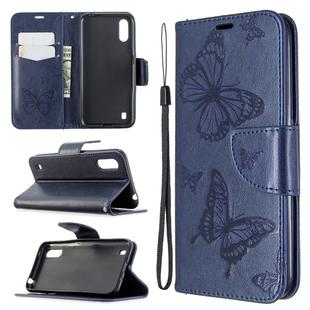 For Galaxy A01 Two Butterflies Embossing Pattern Horizontal Flip Leather Case with Holder & Card Slot & Wallet & Lanyard(Dark Blue)