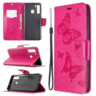 For Galaxy A21 Two Butterflies Embossing Pattern Horizontal Flip Leather Case with Holder & Card Slot & Wallet & Lanyard(Rose Red)