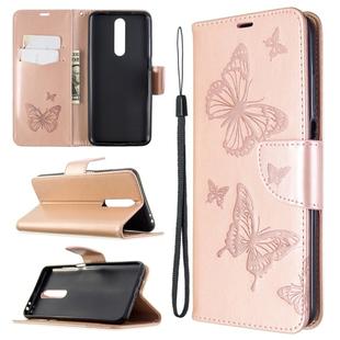 For Xiaomi Redmi K30 Two Butterflies Embossing Pattern Horizontal Flip Leather Case with Holder & Card Slot & Wallet & Lanyard(Rose Gold)