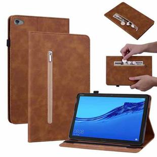 For Huawei MediaPad M5 Lite 10.1 Skin Feel Solid Color Zipper Leather Tablet Case(Brown)