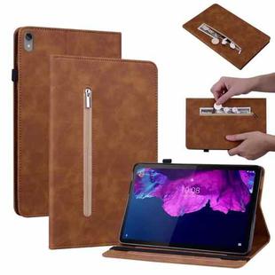 For Lenovo Tab P11 TB-J606F Skin Feel Solid Color Zipper Leather Tablet Case(Brown)