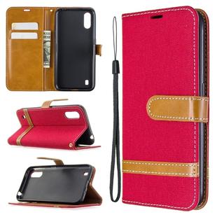 For Galaxy A01 Color Matching Denim Texture Horizontal Flip Leather Case with Holder & Card Slots & Wallet & Lanyard(Red)