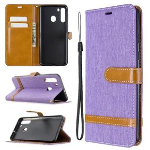 For Galaxy A21 Color Matching Denim Texture Horizontal Flip Leather Case with Holder & Card Slots & Wallet & Lanyard(Purple)