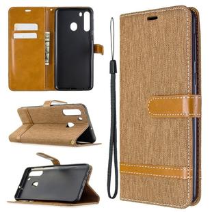 For Galaxy A21 Color Matching Denim Texture Horizontal Flip Leather Case with Holder & Card Slots & Wallet & Lanyard(Brown)