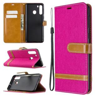 For Galaxy A21 Color Matching Denim Texture Horizontal Flip Leather Case with Holder & Card Slots & Wallet & Lanyard(Rose Red)