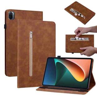 For Xiaomi Pad 5 Pro / Pad 5 Skin Feel Solid Color Zipper Smart Leather Tablet Case(Brown)