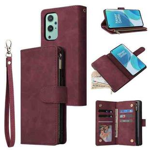 For OnePlus 9 Multifunctional Frosted Zipper Wallet Leather Phone Case(Wine Red)