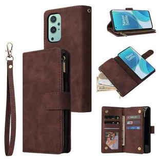 For OnePlus 9 Multifunctional Frosted Zipper Wallet Leather Phone Case(Coffee)