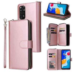 For Xiaomi Redmi Note 11S 9 Card Slots Zipper Wallet Bag Leather Phone Case(Rose Gold)