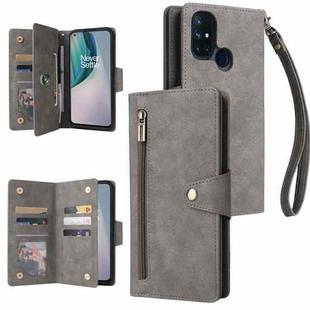 For OnePlus Nord N10 5G Rivet Buckle 9 Cards Three Fold Leather Phone Case(Grey)