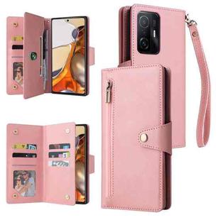 For Xiaomi 11T Rivet Buckle 9 Cards Three Fold Leather Phone Case(Rose Gold)