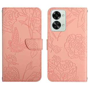 For OnePlus Nord 2T 5G Skin Feel Butterfly Peony Embossed Leather Phone Case(Pink)