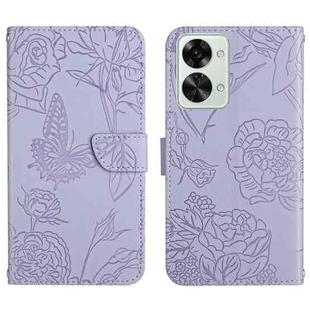 For OnePlus Nord 2T 5G Skin Feel Butterfly Peony Embossed Leather Phone Case(Purple)