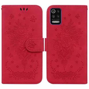 For LG K52 / K62 / Q52 Butterfly Rose Embossed Leather Phone Case(Red)