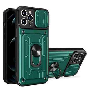 For iPhone 14 Plus Sliding Camshield TPU+PC Phone Case with Card Slot  (Dark Green)