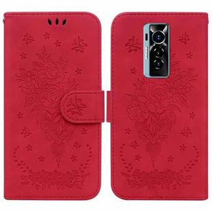 For Tecno Phantom X Butterfly Rose Embossed Leather Phone Case(Red)