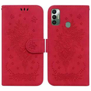 For Tecno Spark 7 Butterfly Rose Embossed Leather Phone Case(Red)