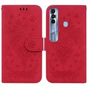 For Tecno Spark 7 Pro Butterfly Rose Embossed Leather Phone Case(Red)