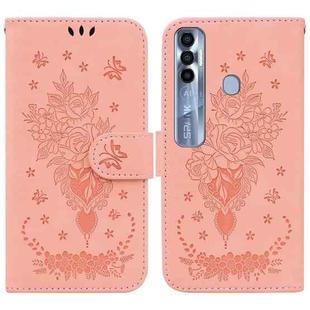 For Tecno Spark 7 Pro Butterfly Rose Embossed Leather Phone Case(Pink)