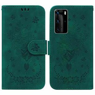 For Huawei P40 Pro Butterfly Rose Embossed Leather Phone Case(Green)