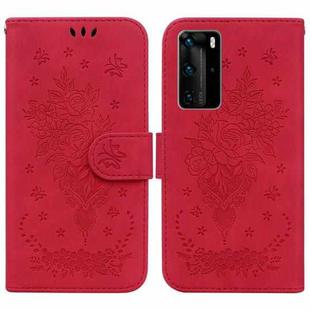 For Huawei P40 Pro Butterfly Rose Embossed Leather Phone Case(Red)